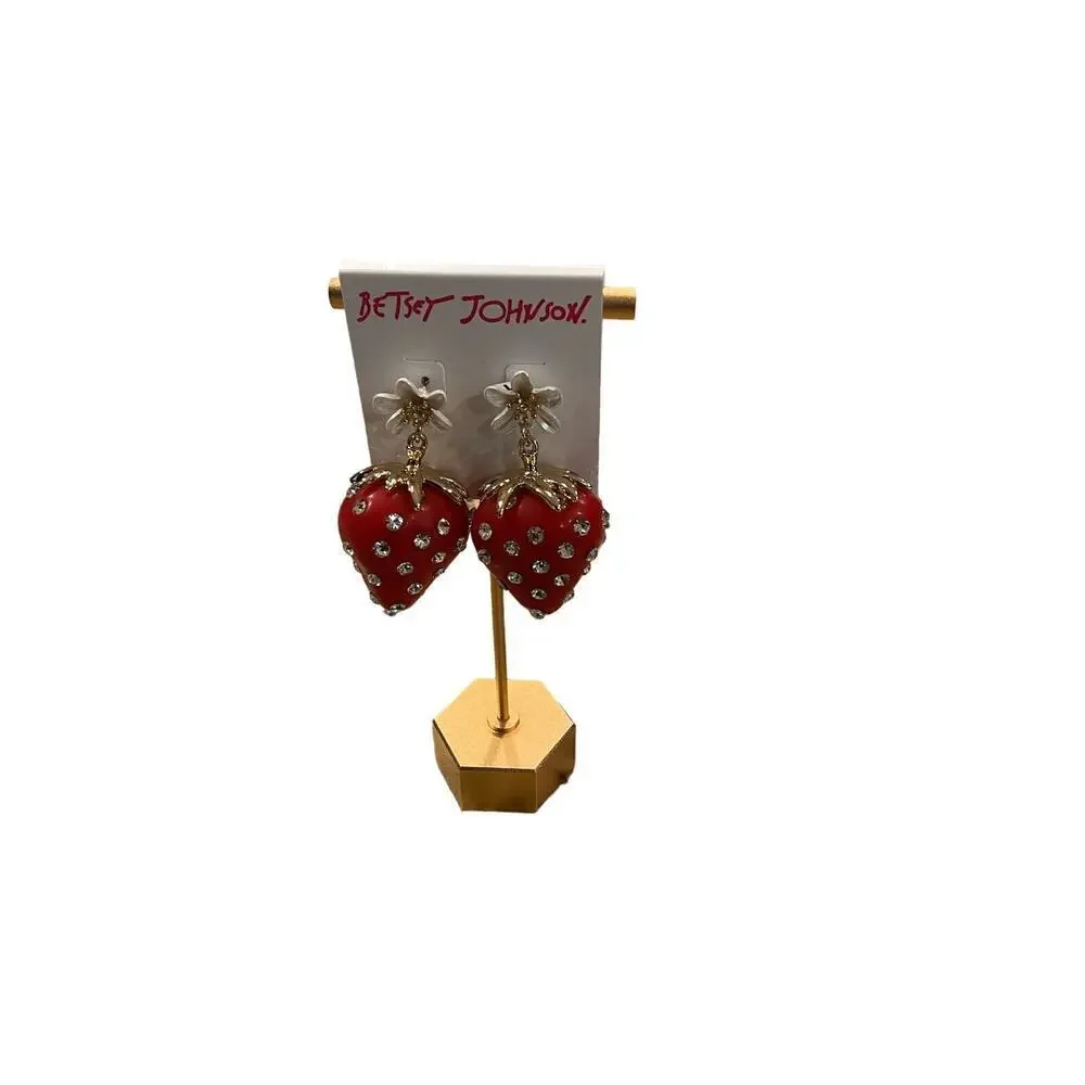 Betsey Johnson Womens Strawberry Drop Earrings‎ Embellished White Flower Red